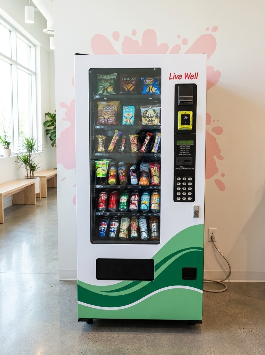 A Snacktacular vending machine against the wall in a bright modern office, with a pink splash accent