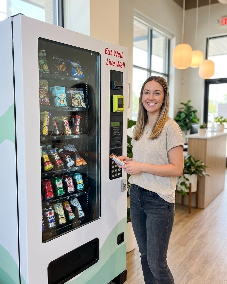 A woman enjoying a snack from a Snacktacular machine in a clinic, a little joy in the day