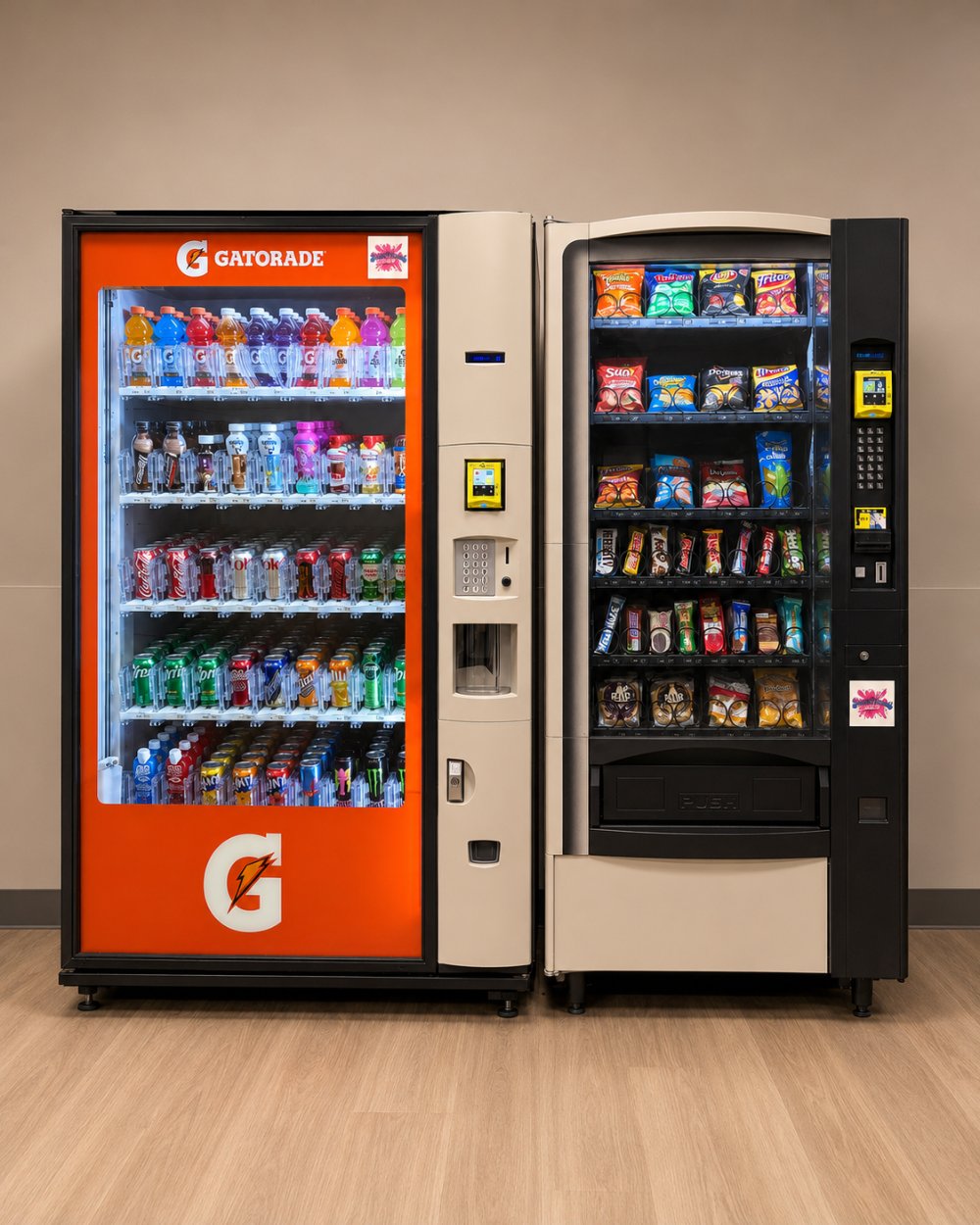 Classic Snacktacular snack and cold drink vending machines side by side