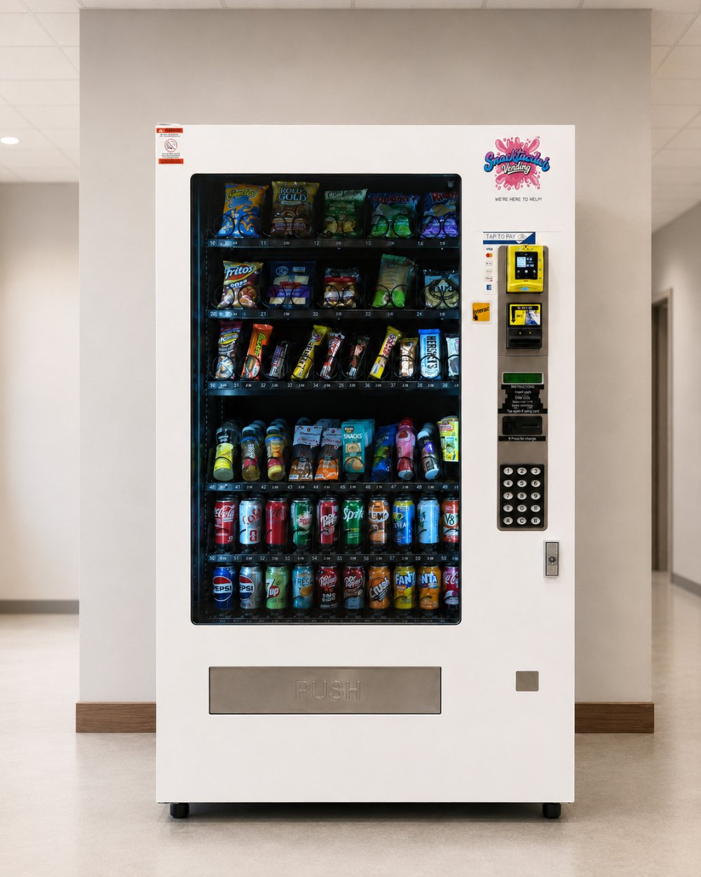 Full-size white Snacktacular combo vending machine