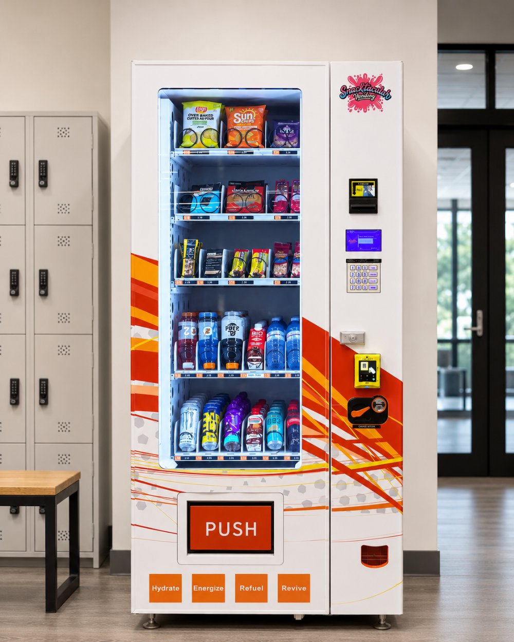 Modern Snacktacular combo vending machine in a workplace break room